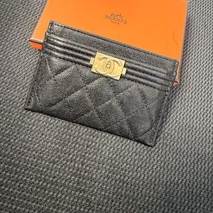 CHANEL Black Quilted Card Holder with Gold Hardware